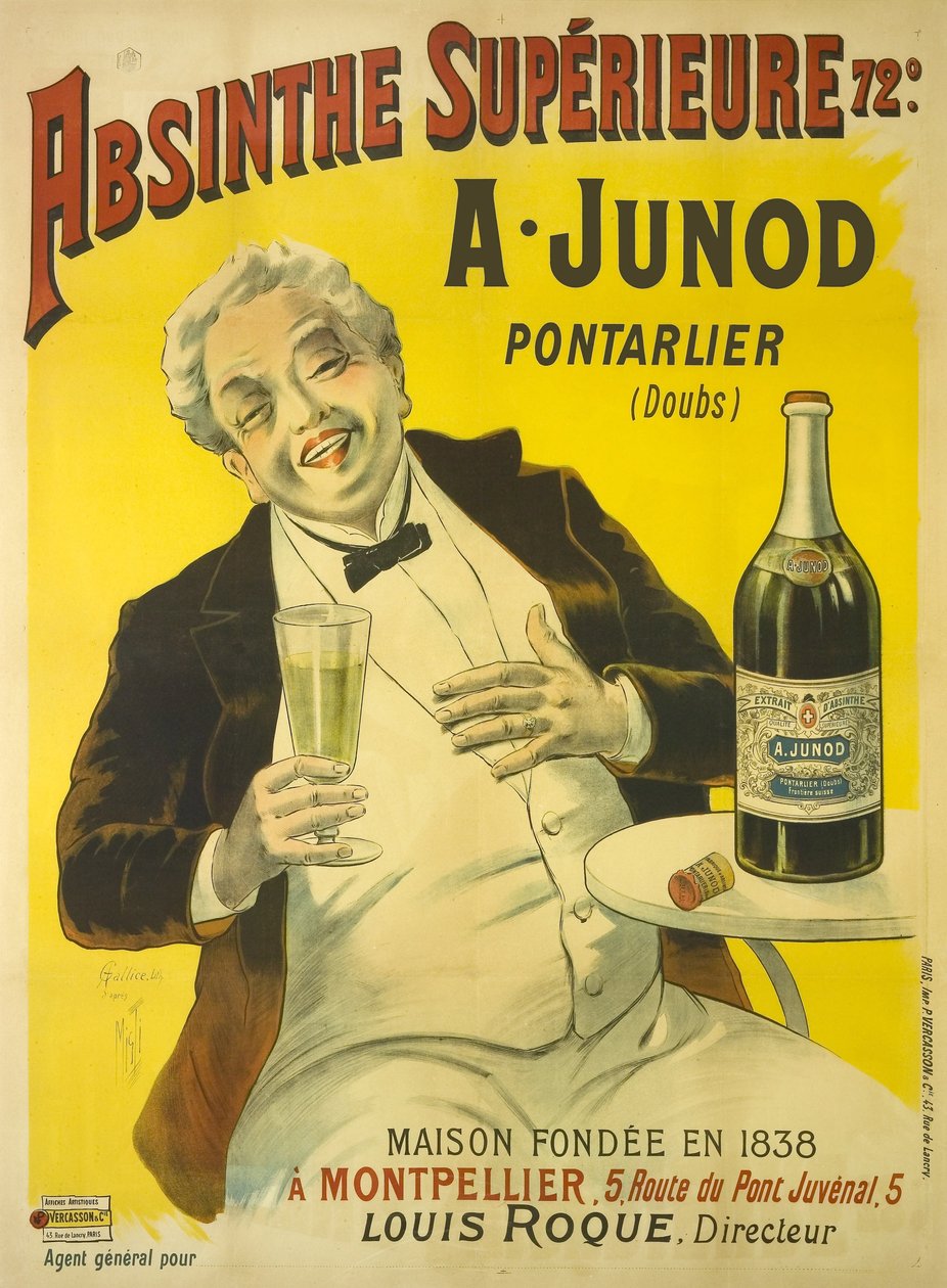 En mand, der sidder på en bistroterrasse, bryder ud i latter, mens han drikker et glas absint af Unbekannt