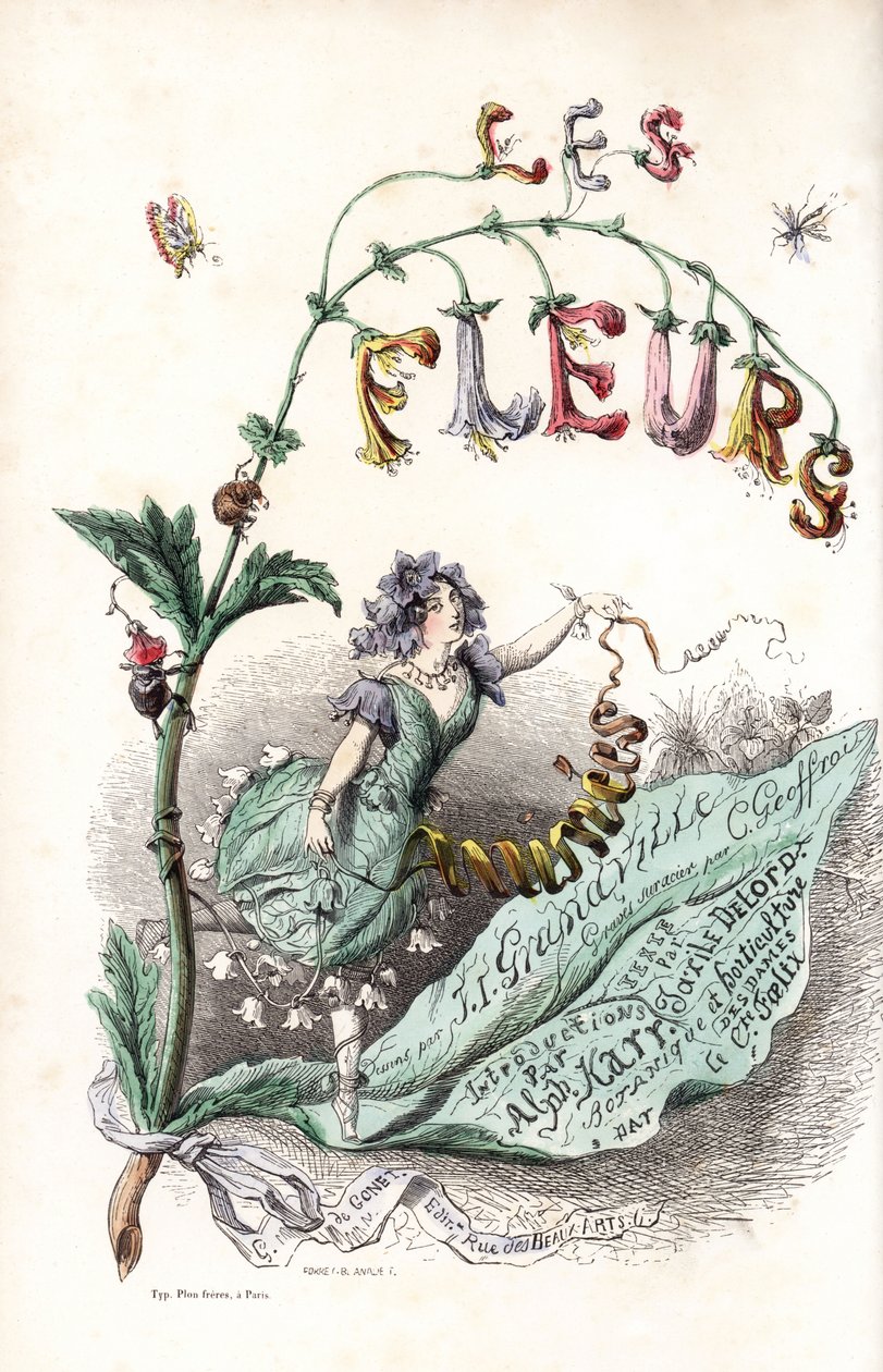 Une fee des fleurs setient sur une feuille et holds un ruban (titelblad) - Radering af Charles Geoffroy (1819-1882), fra en illustration af Jean Ignace Isidore Gerard dit J.J.J.Granville (1803-1847), for Les fleurs animees af Unbekannter Künstler