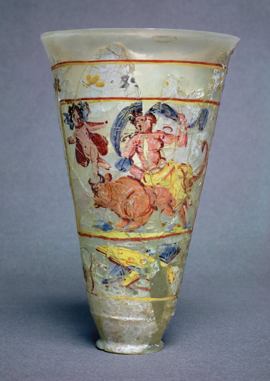 Vase med malet dekoration forestillende Europa og Tyren, romersk (glas) (se også 98005) af Unbekannt