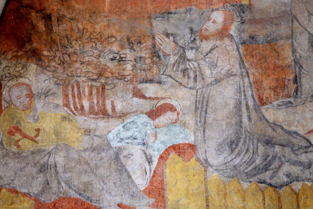 Vault de Lugny kirke. 16. århundrede vægmaleri. Kristus i sin lidenskab. Getsemane, beder Jesus, imens hviler disciplene. Frankrig Â af Unbekannt