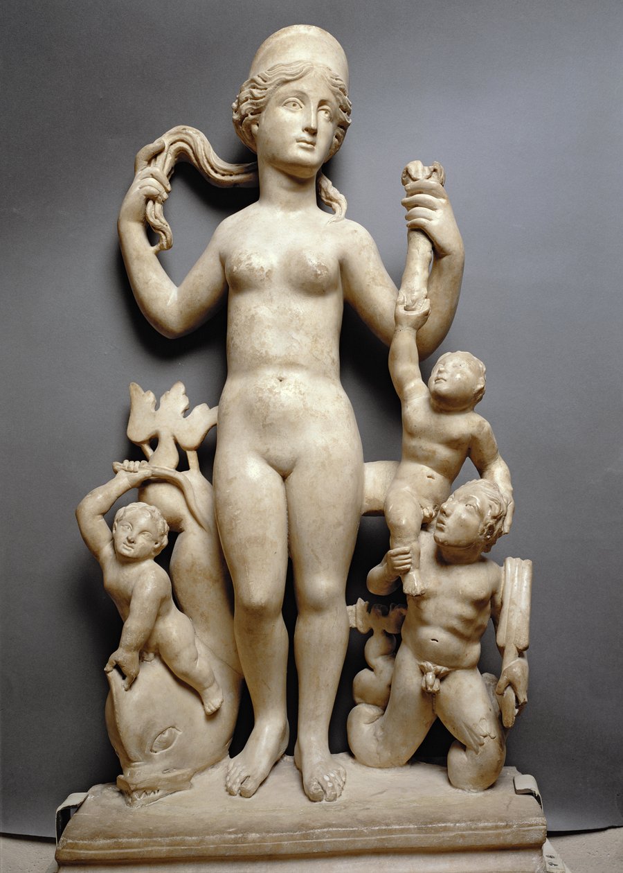 Venus med putti, en triton og en delfin, romersk, 4. århundrede e.Kr. (marmor) af Unbekannt