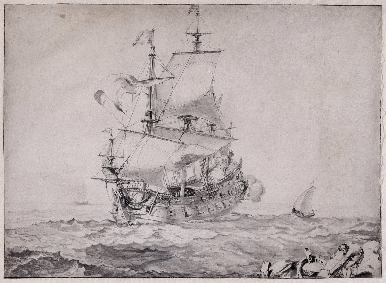 Skibe på havet affyrer kanonen - tegning af Pierre Puget (1620-1694) 17. århundrede Sol 23x32,5 cm Musee Grobet Labadie Marseille af Unbekannter Künstler