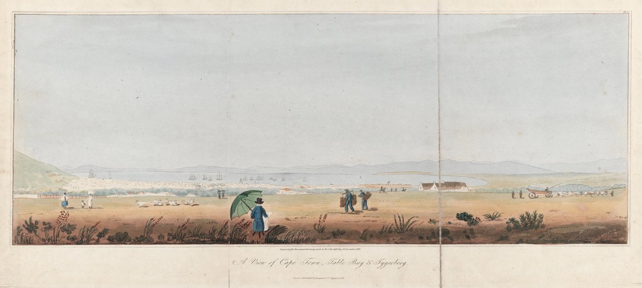 Udsigt over Cape Town, Table Bay og Tygerberg Hills (Sydafrika). Litografi (26,5x53,5 cm) af J.W. Burchell af Unbekannter Künstler