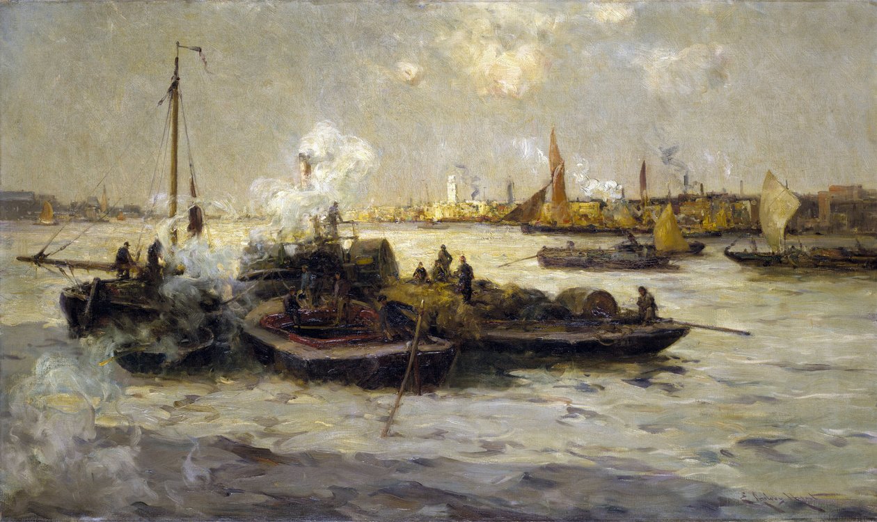 Udsigt over Limehouse, England, med en beskrivelse af industrialiseringen af Themsen i slutningen af den victorianske æra (slutningen af det 19. århundrede) og af slæbebåde, kuttere og pramme, i baggrunden det hvide Saint George-tårn. af Unbekannter Künstler