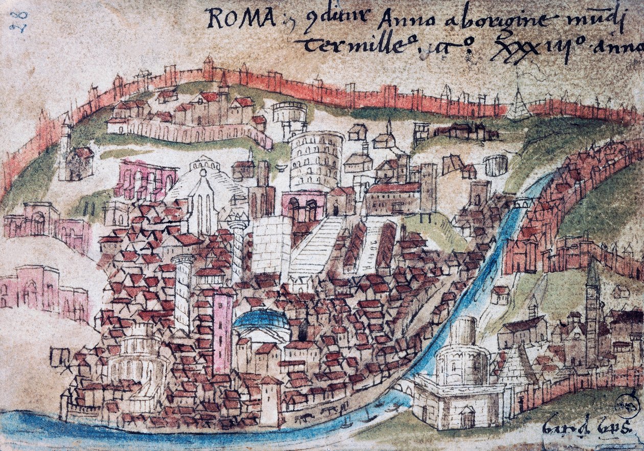 Udsigt over Rom, detaljer, akvarelkopi af kort af Leonardo Besozzo, Italien af Nicolas d