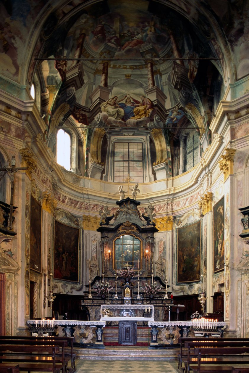 Udsigt over alter og fresker af Lorenzo Peracino (1710-1788), Madonna del Sasso-helligdommen, Piemonte, Italien af Benjamin Baud