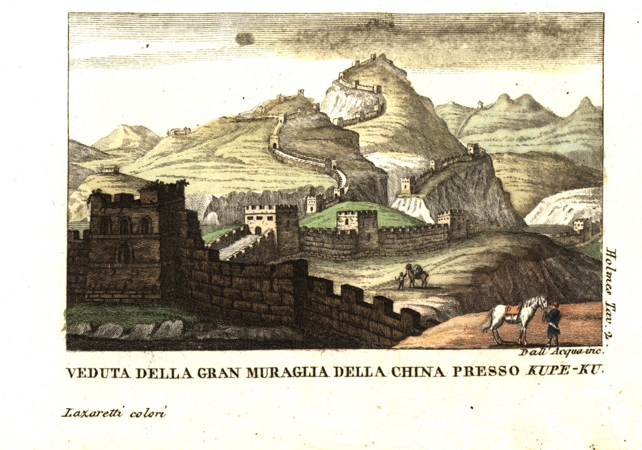 Udsigt til Den Kinesiske Mur nær Kou-Pee-Keow, ved passet mellem Kina og det østlige Tartariet. Fra Samuel Holmes (18.-19. århundrede) Journal of a Voyage to China and Tartary. Kobberstik af dell