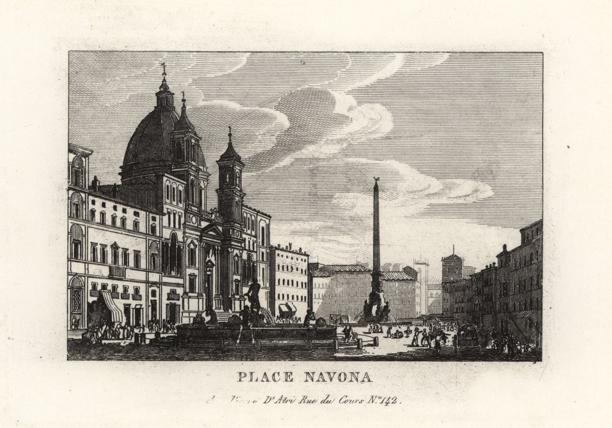 Udsigt over Piazza Navona med springvandet, den egyptiske obelisk og kirken Sant