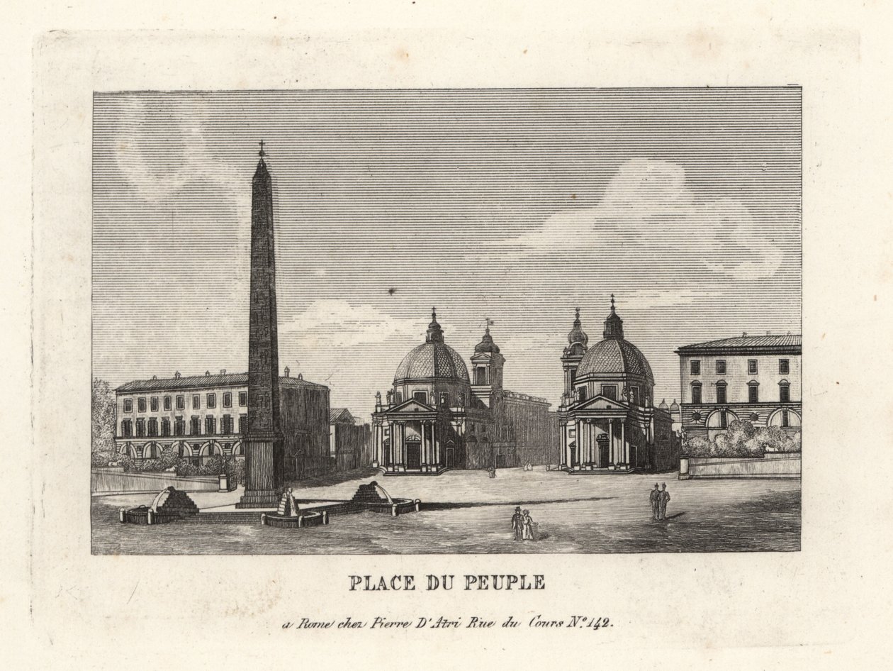 Udsigt over Piazza del Popolo, Place du Peuple, med en egyptisk obelisk af Ramses II fra Heliopolis, Rom af Unbekannt