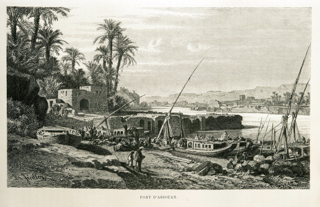 Udsigt over havnen i Aswan i Egypten - Illustration fra Atlas of Egypt af Unknown