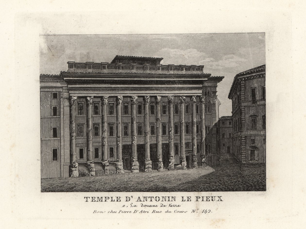 Udsigt over Hadrians tempel, Templum Divus Hadrianus, med 11 søjler dedikeret af hans adoptivsøn Antoninus Pius, Temple d