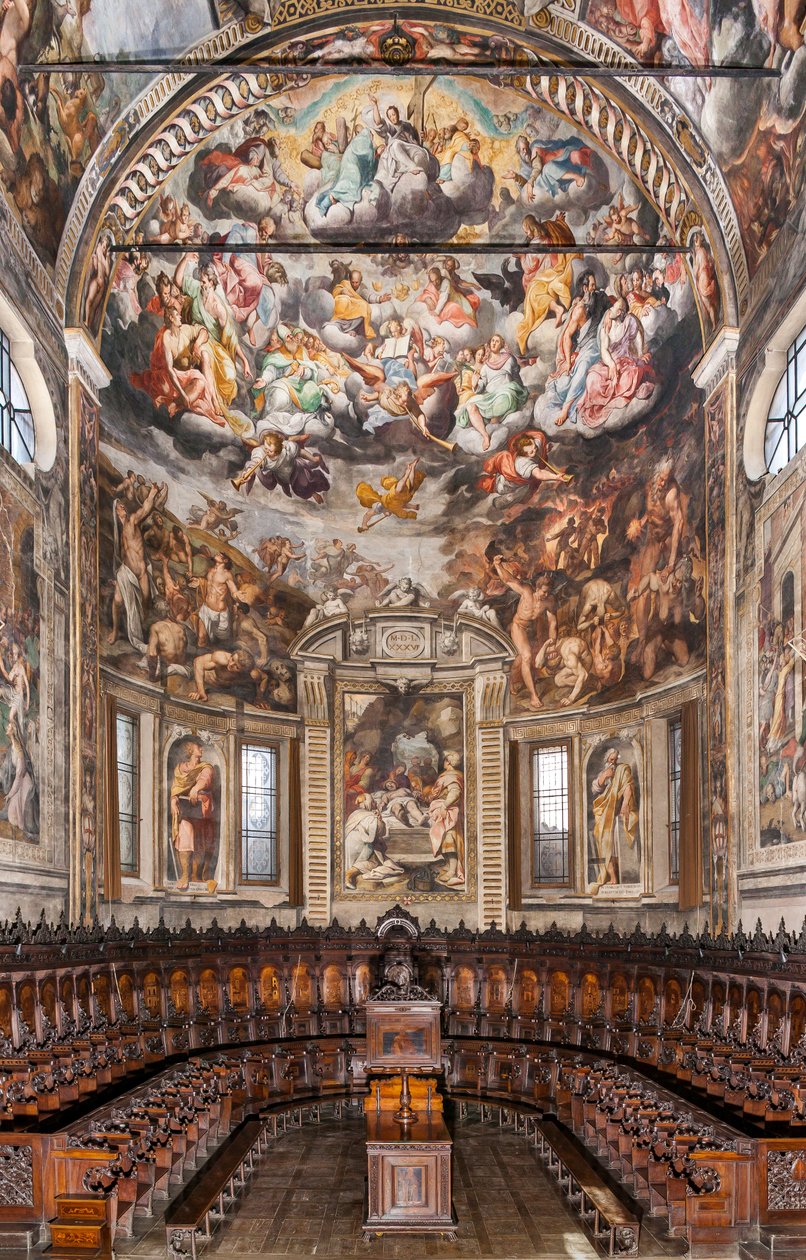 Udsigt over apsis med fresker af Camillo Procaccini og trækor af Cristoforo e Giuseppe De Venetiis, Basilica of San Prospero, Reggio Emilia, Emilia Romagna, Italien (foto) af Unbekannter Künstler