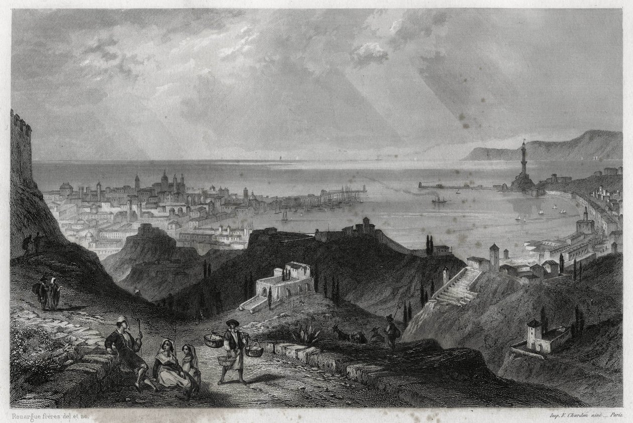 Udsigt over byen og havnen i Genes, eclatante-citaterne, marmorbyen, Genes-la-Superb, i bogen om Middelhavet af Louis Enault (1824-1900), en fransk journalist og rejsende. af Unbekannt