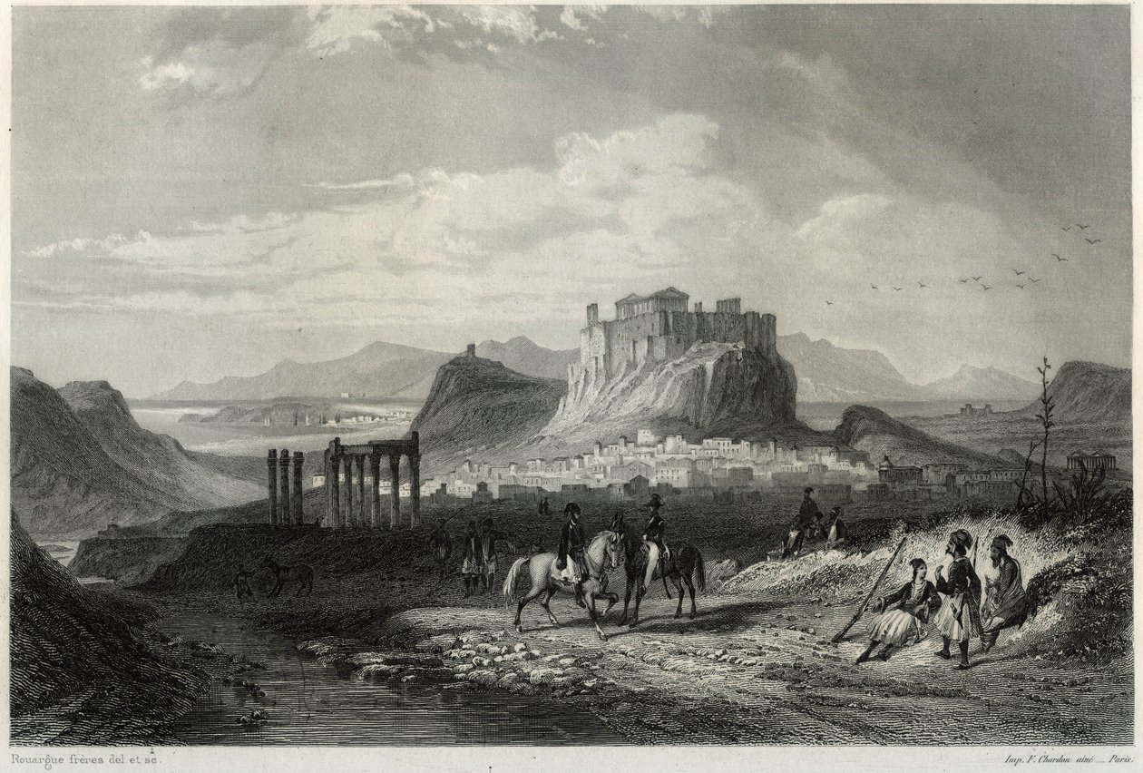 Udsigt over byen Athen i det 19. århundrede domineret af Akropolis, i bogen om Middelhavet af Louis Enault (1824-1900), fransk journalist og rejsende. af Unbekannt