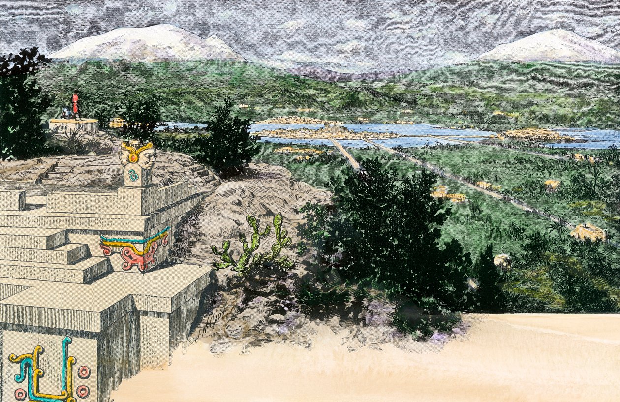 Udsigt over byen Tenochtitlan (eller Mexico Tenochtitlan), som den så ud på øen i Texoco-søen, da den var hovedstad i Aztekerriget, før 1521 - Koloreret stik af Unbekannter Künstler