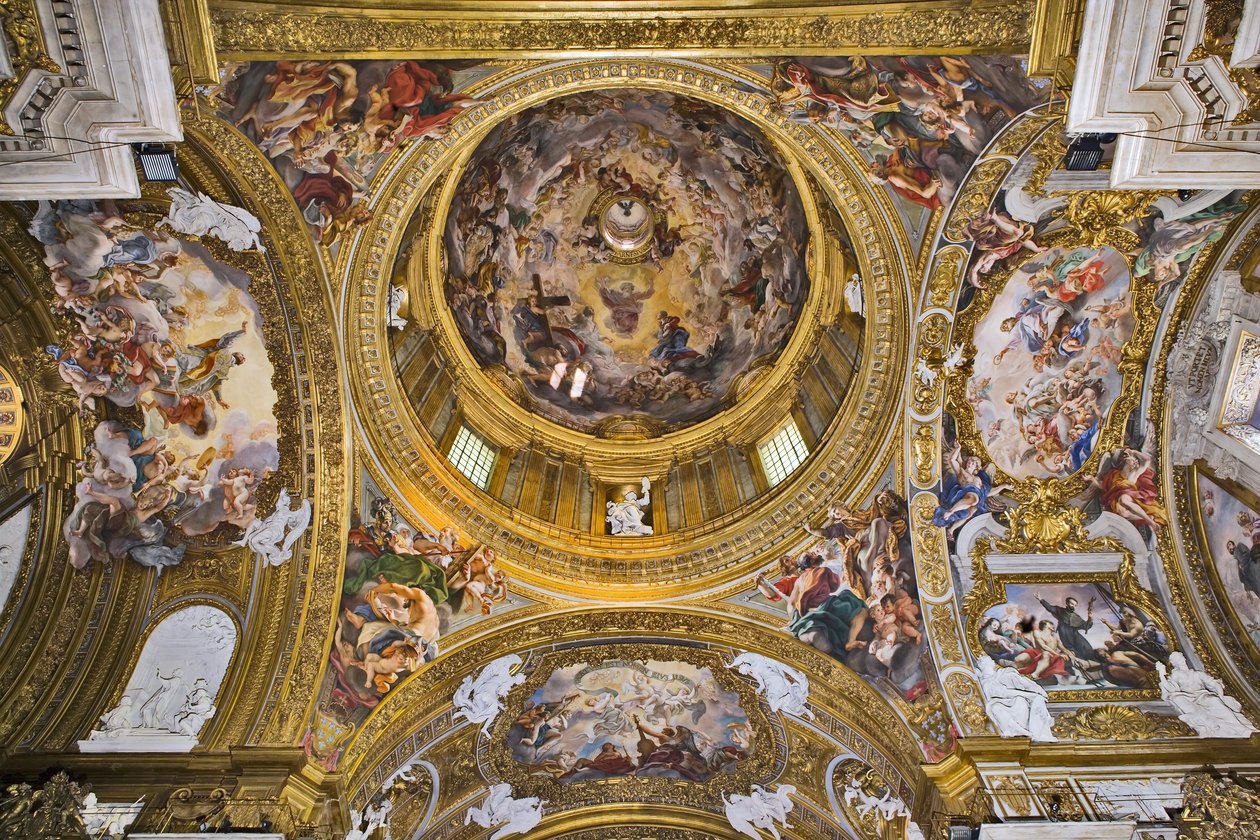 Udsigt over kuplen, pendentiverne, fejlene i transpet og forkoret med fresker af Baciccia, Gesù-kirken, Rom, Italien (foto) af Unbekannter Künstler