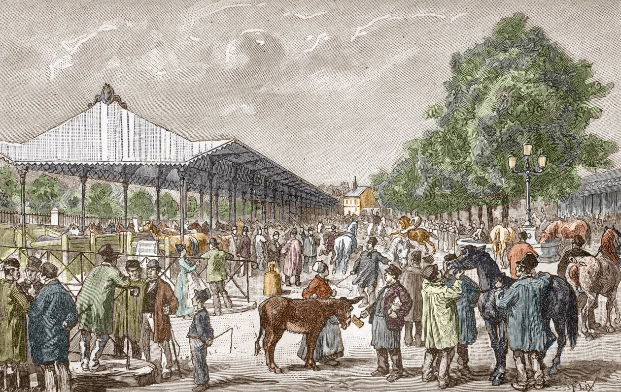 Udsigt over hestemarkedet i det 5. distrikt i Paris Stik af Les stages d