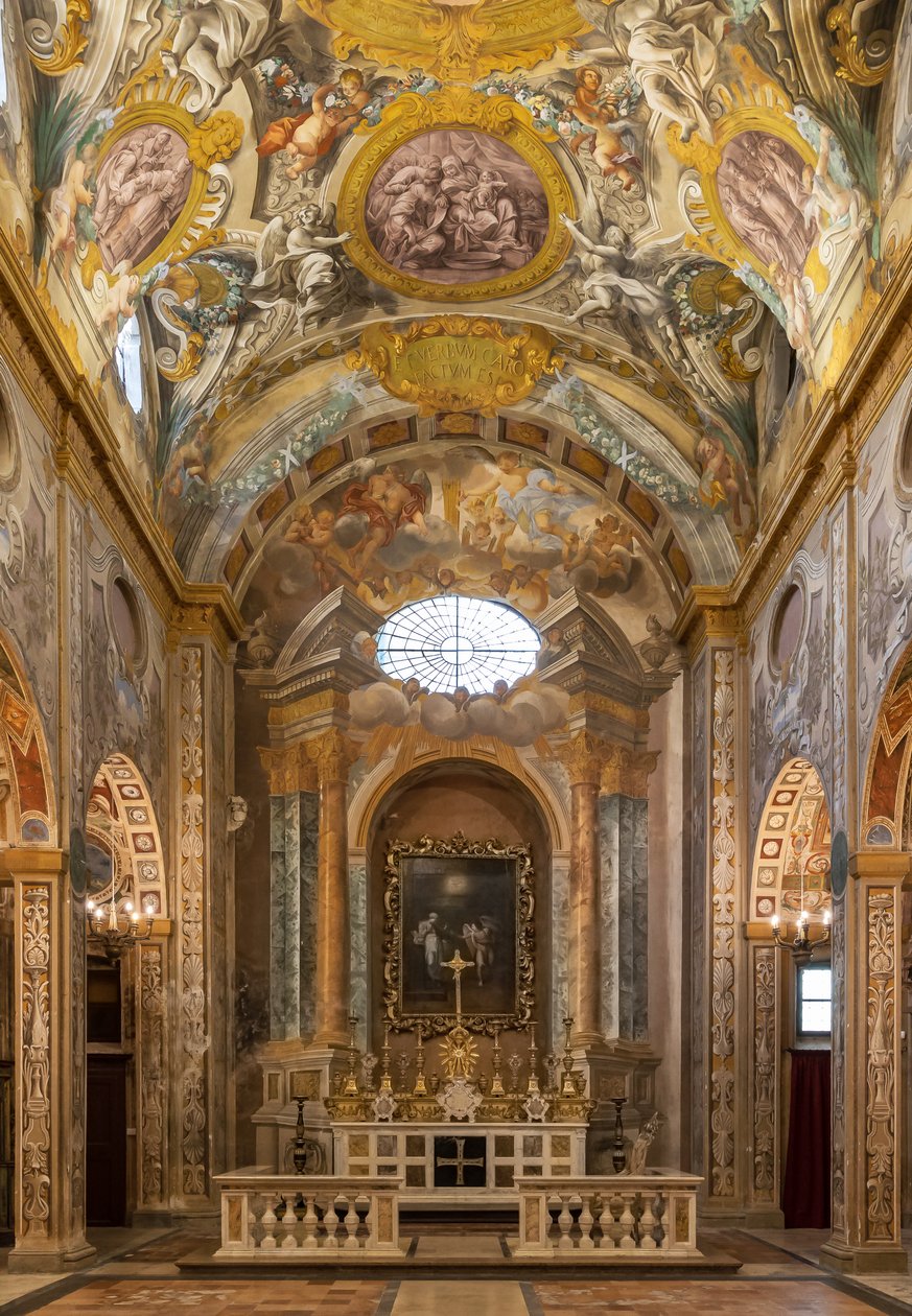 Udsigt over interiøret med fresker og hovedalteret, Nunziatina-kirken, Todi, Umbrien, Italien (foto) af Unbekannter Künstler