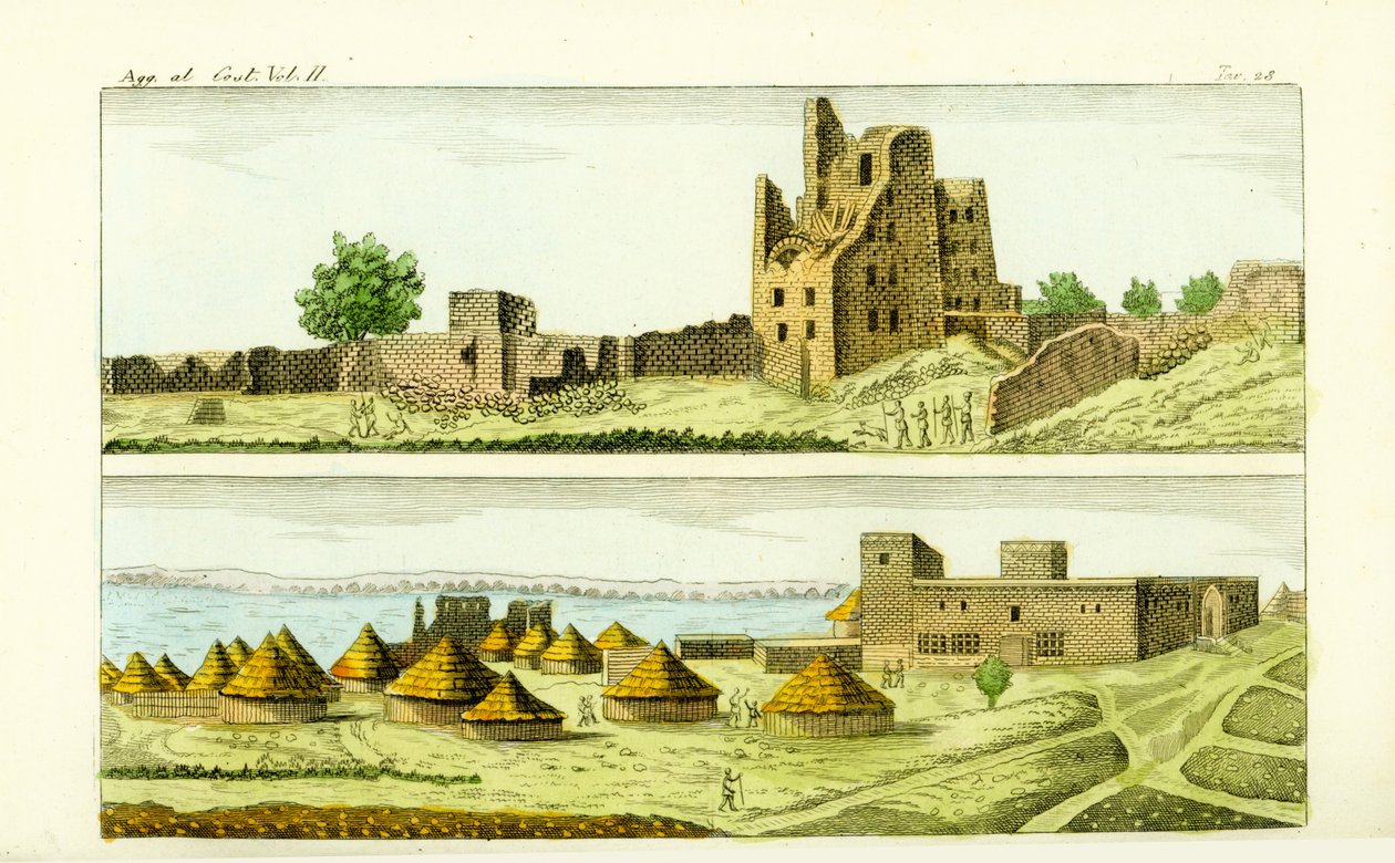 Udsigt over moskeen og husene i Sennar, Sudan (nederst) og ruinerne af huset til Funj King of Sennar (øverst) på den blå Nil af Unbekannt