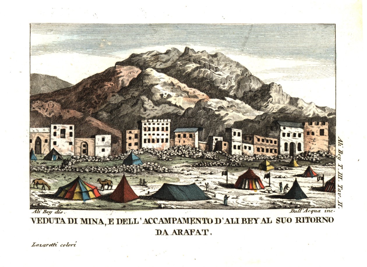 Udsigt over landsbyen Mina i Arafat-ørkenen (teltbyen, Mekka, Saudi-Arabien). Illustration af Ali Bey el Abbassi fra hans Travels in Morocco, Tripoli, Cyprus, Egypt, Arabia, Syria and Turkey, London 1816. Kobberstik af dell