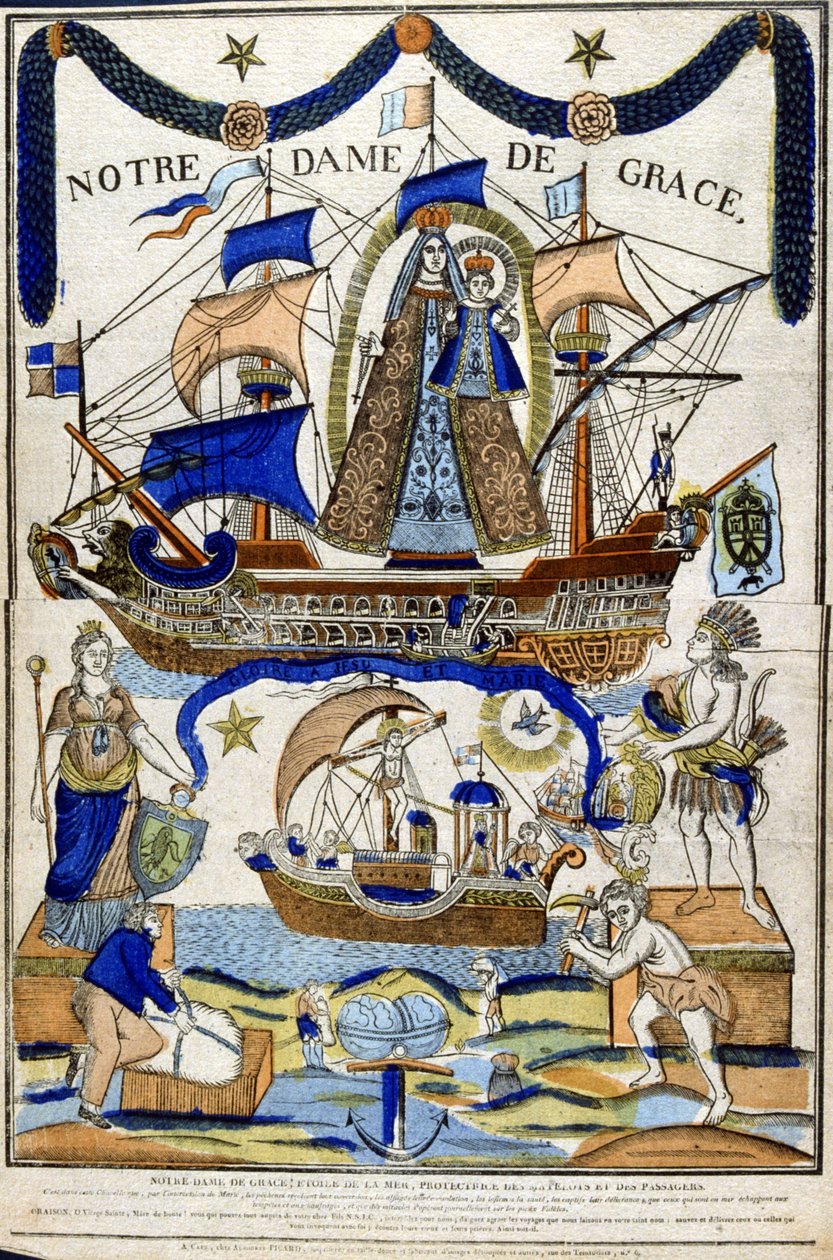 Jomfru Maria som Madonna i herlighed (Notre Dame de Grace) som beskytter af sømænd og rejsende Helligåndens dover flyver over skibet i nederste halvdel. 19. århundrede (fransk træsnit) af Unbekannter Künstler