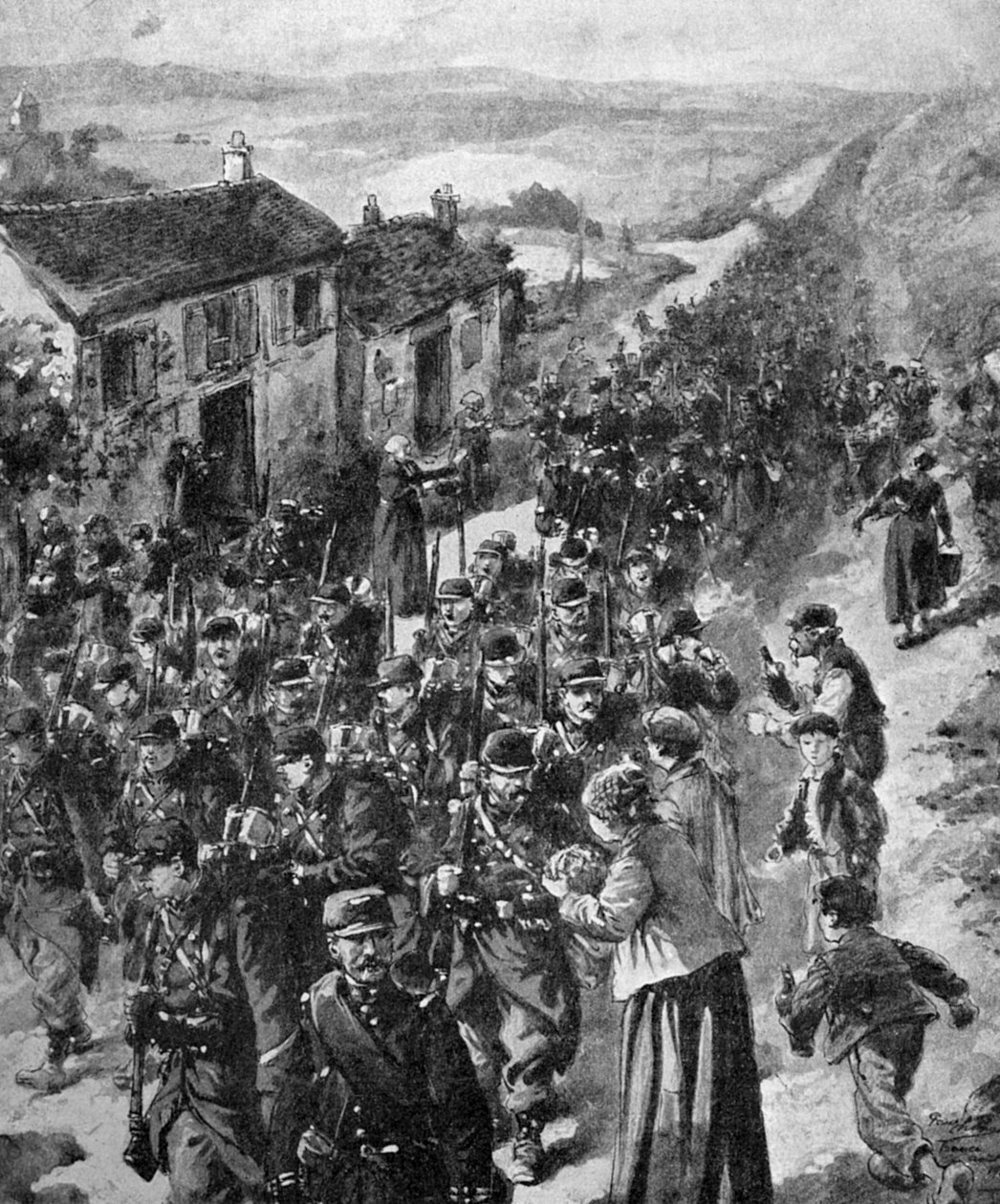 WWI - Franske soldater marcherer til fronten 1914 af Unbekannter Künstler