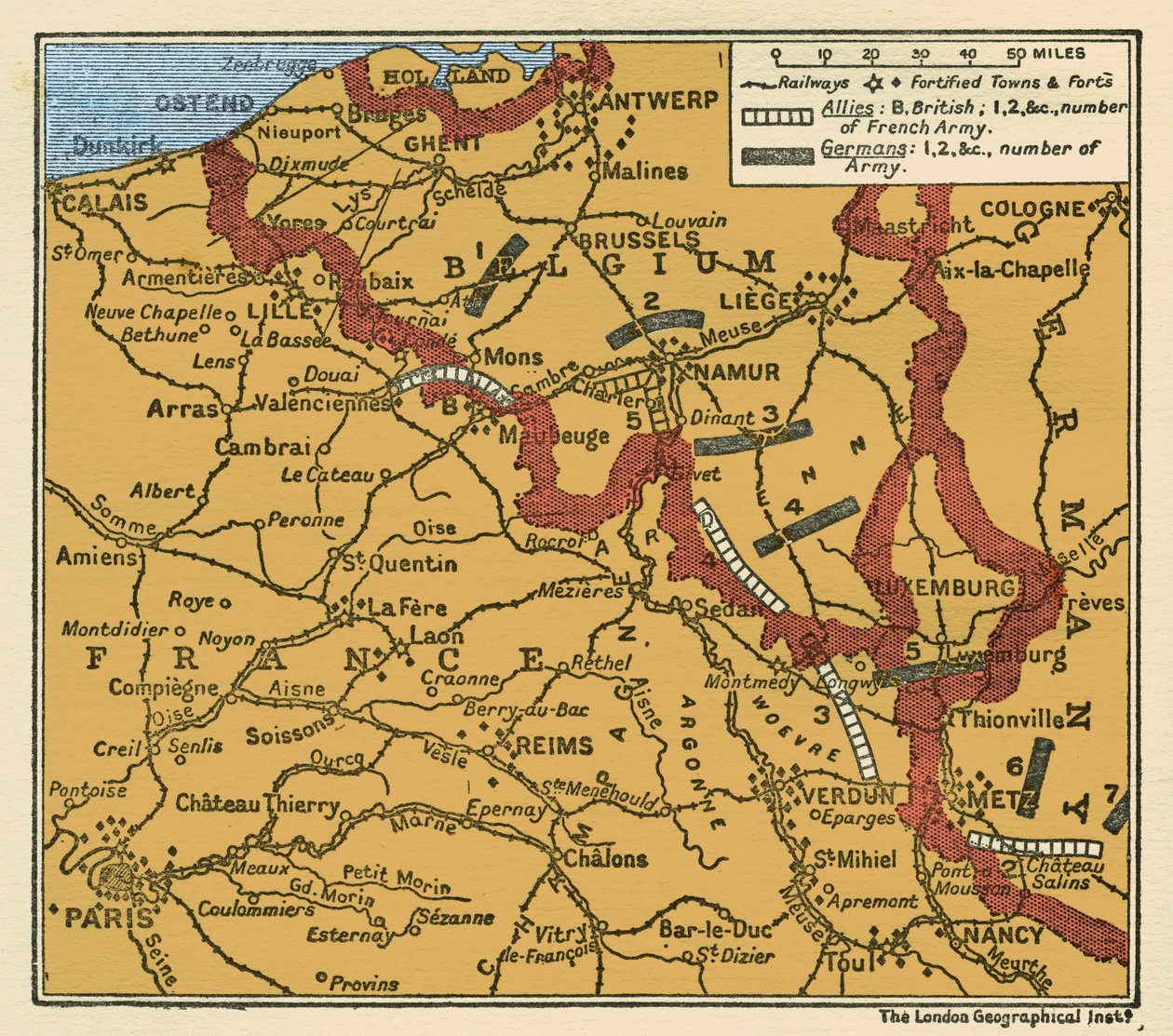 Første Verdenskrig Kort over hærenes position 22. august 1914 af Unbekannter Künstler