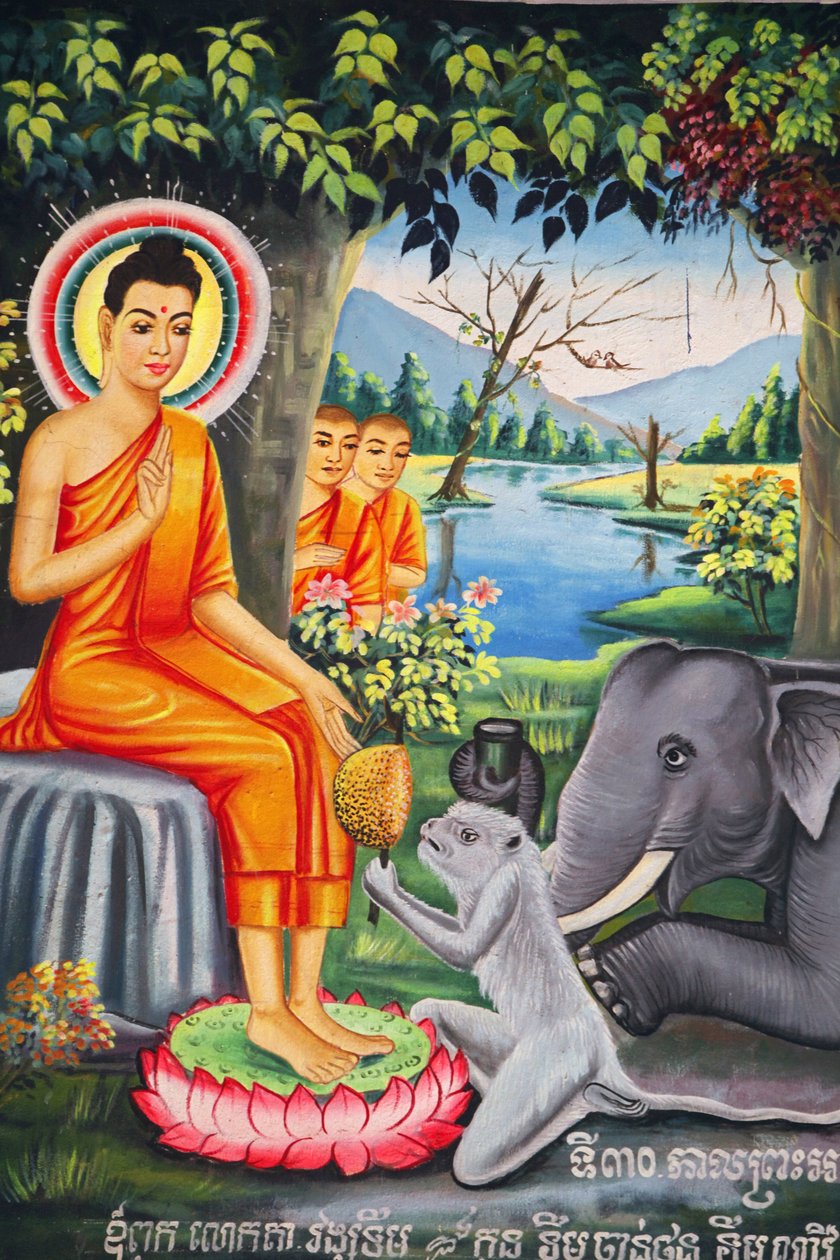 Vægmaleri i Wat Pitchey Udong: Scene fra Buddhas liv. Buddha blev fodret af en abe, mens han fastede Kampot Cambodge af Unbekannt