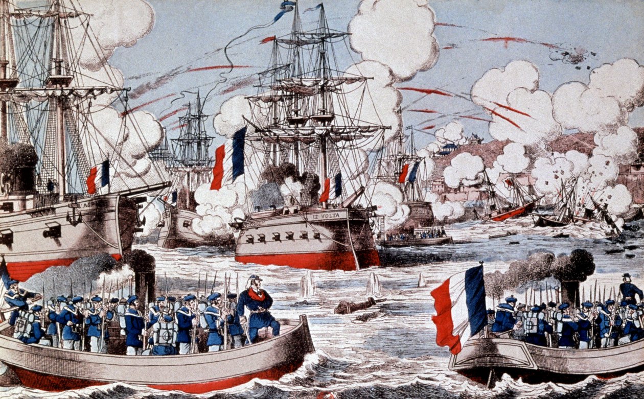 Krigen mellem Kina og Frankrig (1884-1885) : Ødelæggelse af den kinesiske flåde af admiral Courbet i Fou Tcheou, 23. august af Unbekannter Künstler
