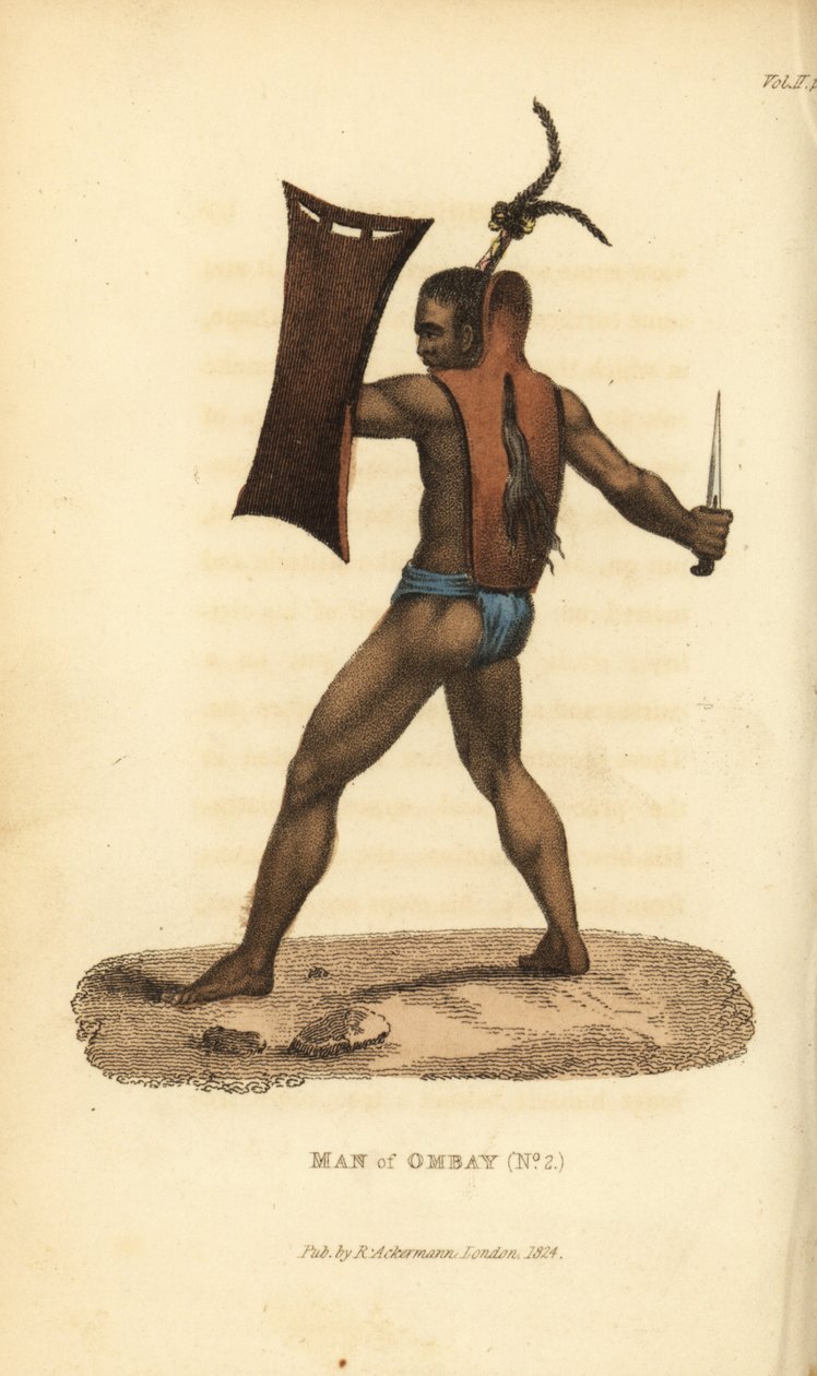 Kriger fra Ombai med rustning, skjold og kris. Han bærer sit hår bundet op i en fjer. Mand fra øen Ombai (Ombay), Indonesien. Håndkoloreret kobberstik efter en illustration af Jacques Arago fra Frederic Shoberls The World in Miniature: The Asiat af Unbekannter Künstler