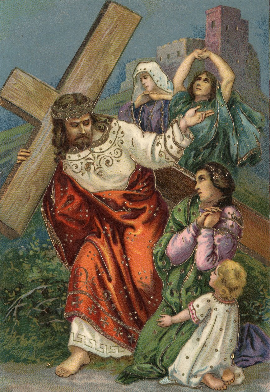 Korsvejen - via crucis - Korsets stationer: ottende station, Jesus møder Jerusalems kvinder Kromolitografi Privat samling af Unbekannt