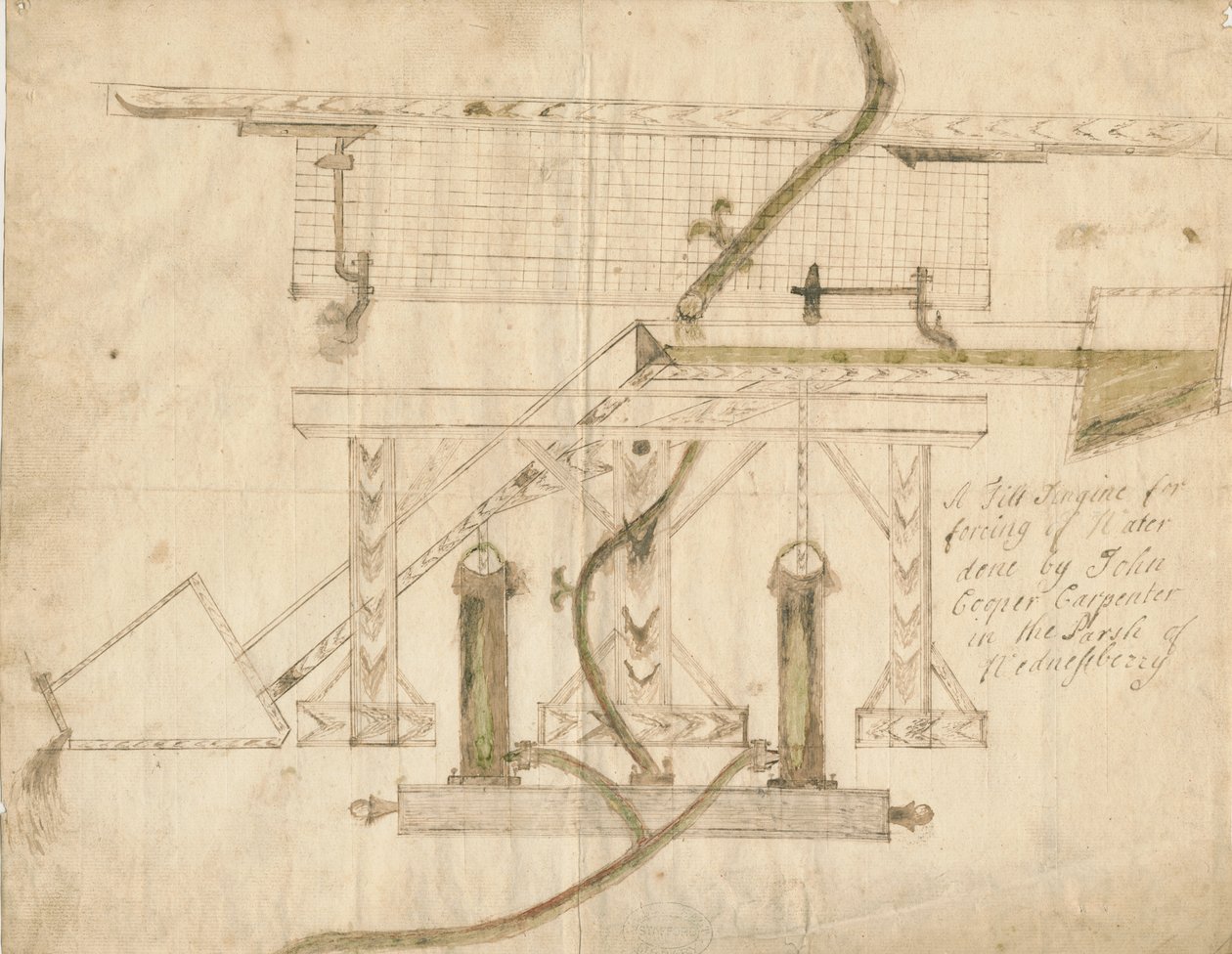 Wednesbury - A Tilt Engine: pen- og blæktegning, nd [c 1710] af Unbekannt