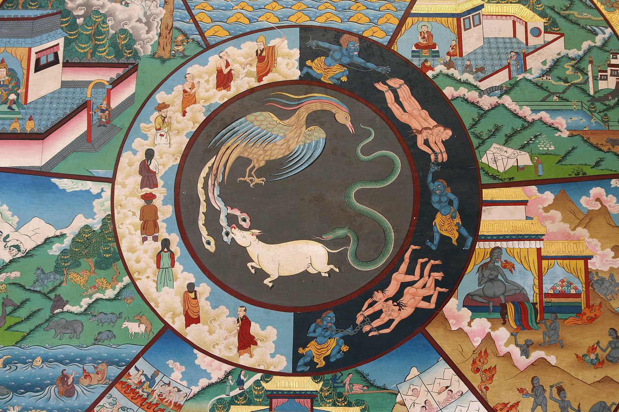 Livshjul eller Samsaras hjul (Mandala): hane, slange og gris. Kopan kloster, Kathmandu, Nepal af Unbekannt