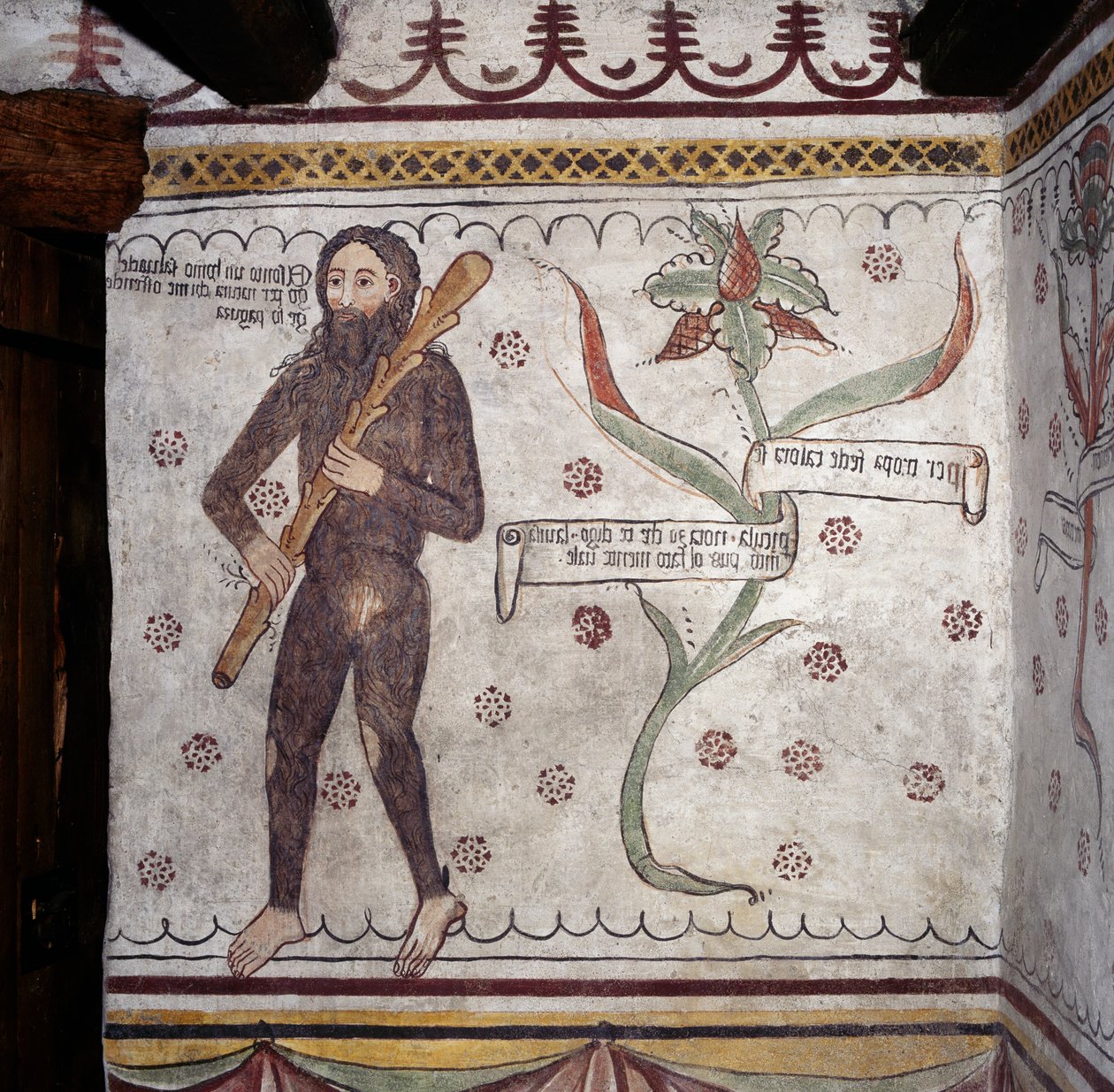 Vildmand fra Sacco (Homo Selvadego), fresco (1400-tallet), Vildmands hus (Uomo Selvatico), Sacco, Cosio Valtellina, Lombardiet, Italien af Benjamin Baud
