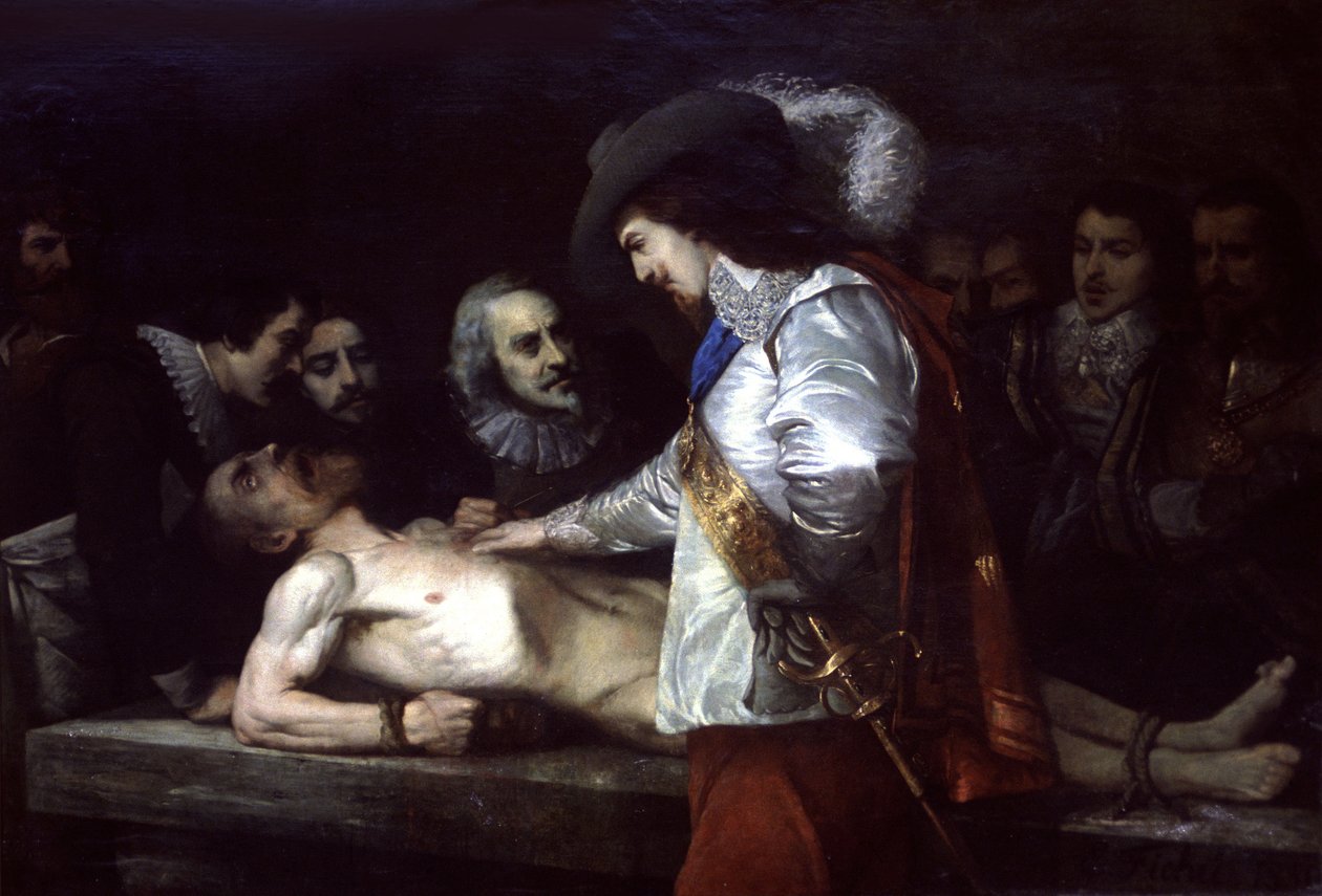 William Harvey (1578-1657), engelsk læge og fysiolog, viser her blodcirkulationen. af Unbekannter Künstler