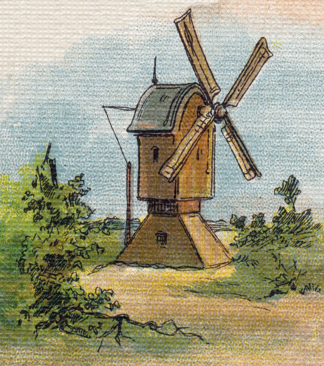 Vindmølle. Indgravering i "Alphabet de ma petite fille". Bernardin-Bechet og Fils, boghandler-forlag, Paris, omkring 1895. Ubrydeligt album på lærred. Bibliotheque des Bebes. 12 sider. Album indeholdende en læsemetode og et illustrativt abecedary. Svag: af Unbekannt