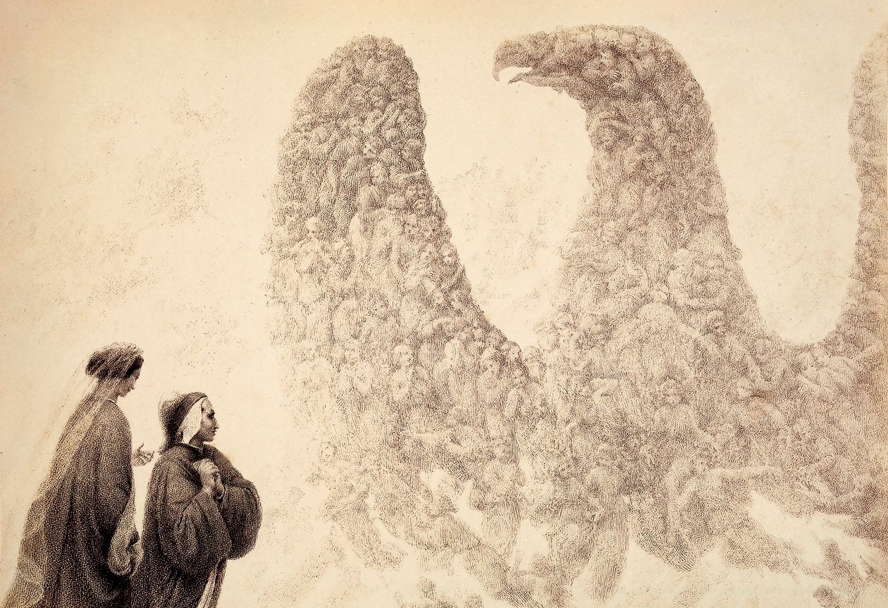I Jupiters sfære ser Dante de velsignede ånder arrangere sig i form af en ørn, symbolet på imperiet. Illustration af Canto XVIII i Paradiso i Den guddommelige komedie af Dante Alighieri. Værk af Francesco Scaramuzza dedikeret til Mun af Unbekannter Künstler