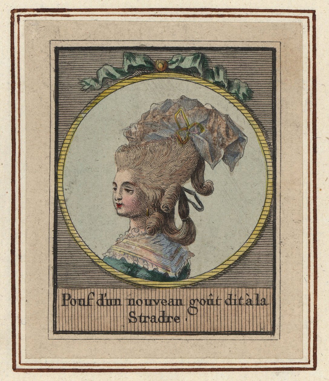Kvinde i en ny slags puf kaldet Stradre. Puf med en ny smag kaldet Stradre. Håndkoloreret kobberstik af en ukendt kunstner fra et Album of Fashionable Hairstyles of 1783, Suite des Coeffures a la Mode en 1783, Enauts et Rapilly, Pari af Unbekannter Künstler