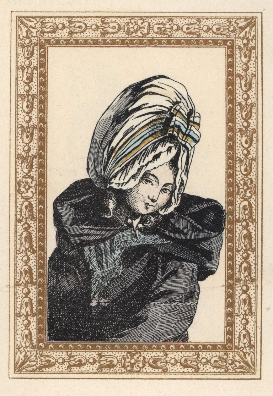 Kvinde i natkappe og stor Voluptuese-hat. Natkahyt, har den Voluptuøse. Håndkoloreret litografi af de Laubadere fra Octave Uzanes Stylish Hairstyle or Eccentric Finery from the era of King Louis XVI, Hairstyles de Style, La Parure Eccentric, Rouv af Unbekannter Künstler
