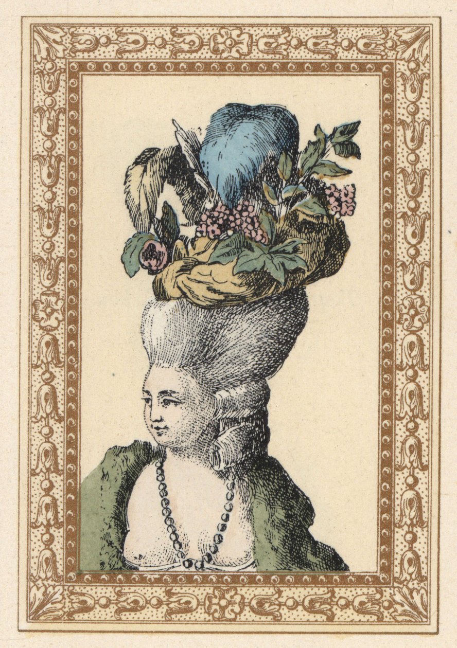 Kvinde i opsat frisure med kasket dekoreret med druer og fjer kaldet Racy Cap i en engelsk park. Galante hat i den engelske park. Håndkoloreret litografi af de Laubadere fra Octave Uzanes Stylish Hairstyle or Eccentric Finery fra perioden af Unbekannter Künstler