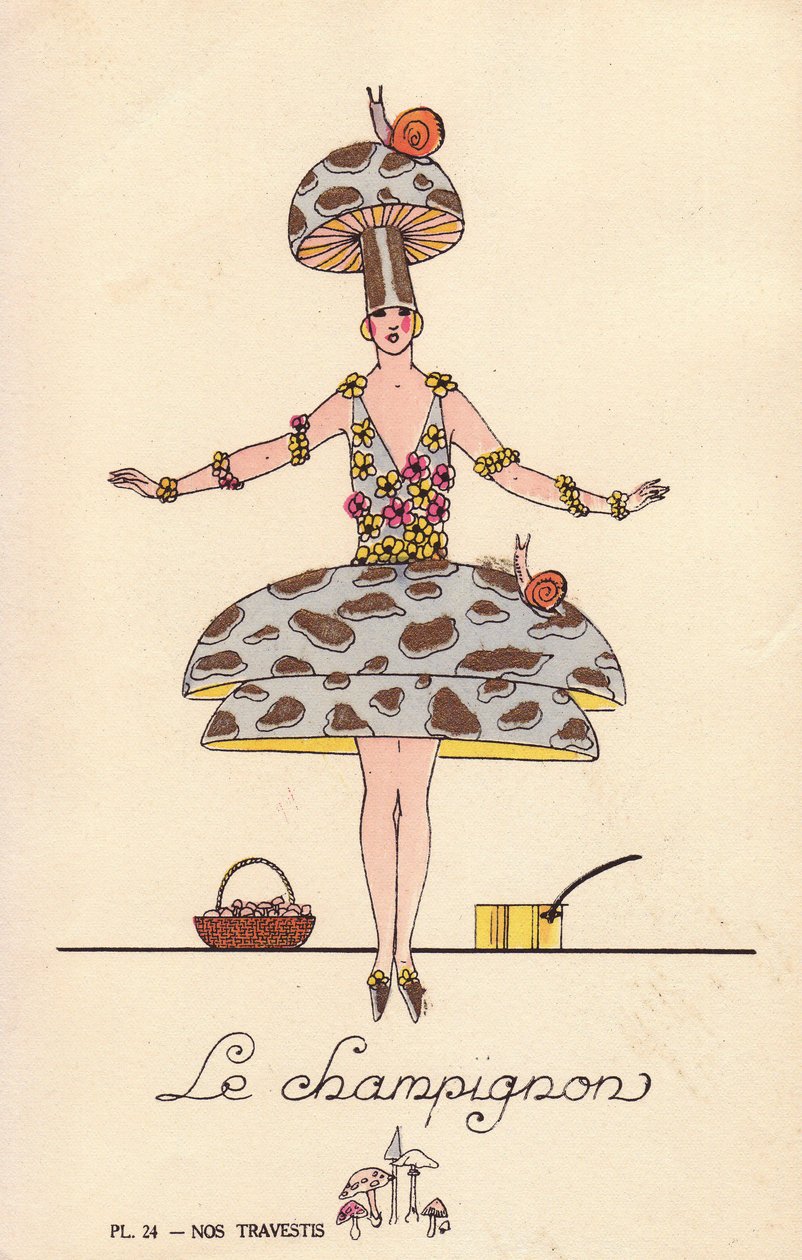 Kvinde i svampekostume, le mushroom, hat og kjole i svampeform, dekoreret med snegle og blomster. Litografi af ukendt kunstner med stencilhåndkolorering fra "Nos Travestis" (Vores kostumer), Paris. af Unbekannter Künstler