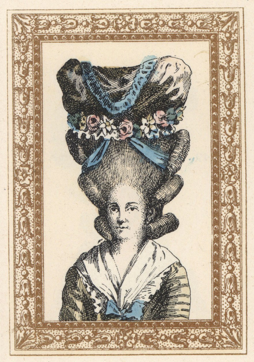 Kvinde med Gabrielle Vergy-hat, bundet med bånd og blomsterguirlander. Hat a la Gabrielle Vergy, inspireret af Dormont De Belloyds tragedie fra 1777. Håndkoloreret litografi af de Laubadere fra Octave Uzanes Stylish Hairstyle or Eccentric Finery fr af Unbekannter Künstler