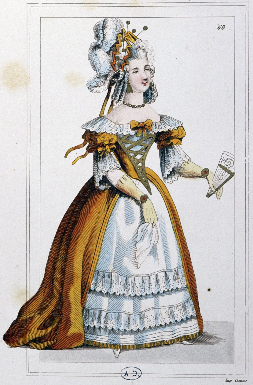 Kvinde iført en kjole som Mme du Barry, ca. 1810 (kobberstik) af Unbekannter Künstler