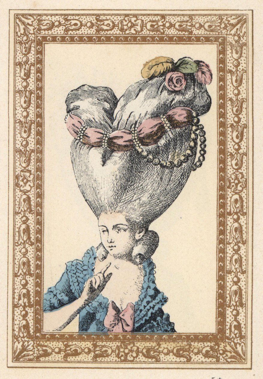 Kvinde med håret redt op over en puf (støtte) og dekoreret med blomster, perler og et skærf, kaldet Loppen. Puffen har en chia. Håndkoloreret litografi af de Laubadere fra Octave Uzanes Stylish Hairstyle or Eccentric Finery fra tiden omkring Kin af Unbekannter Künstler