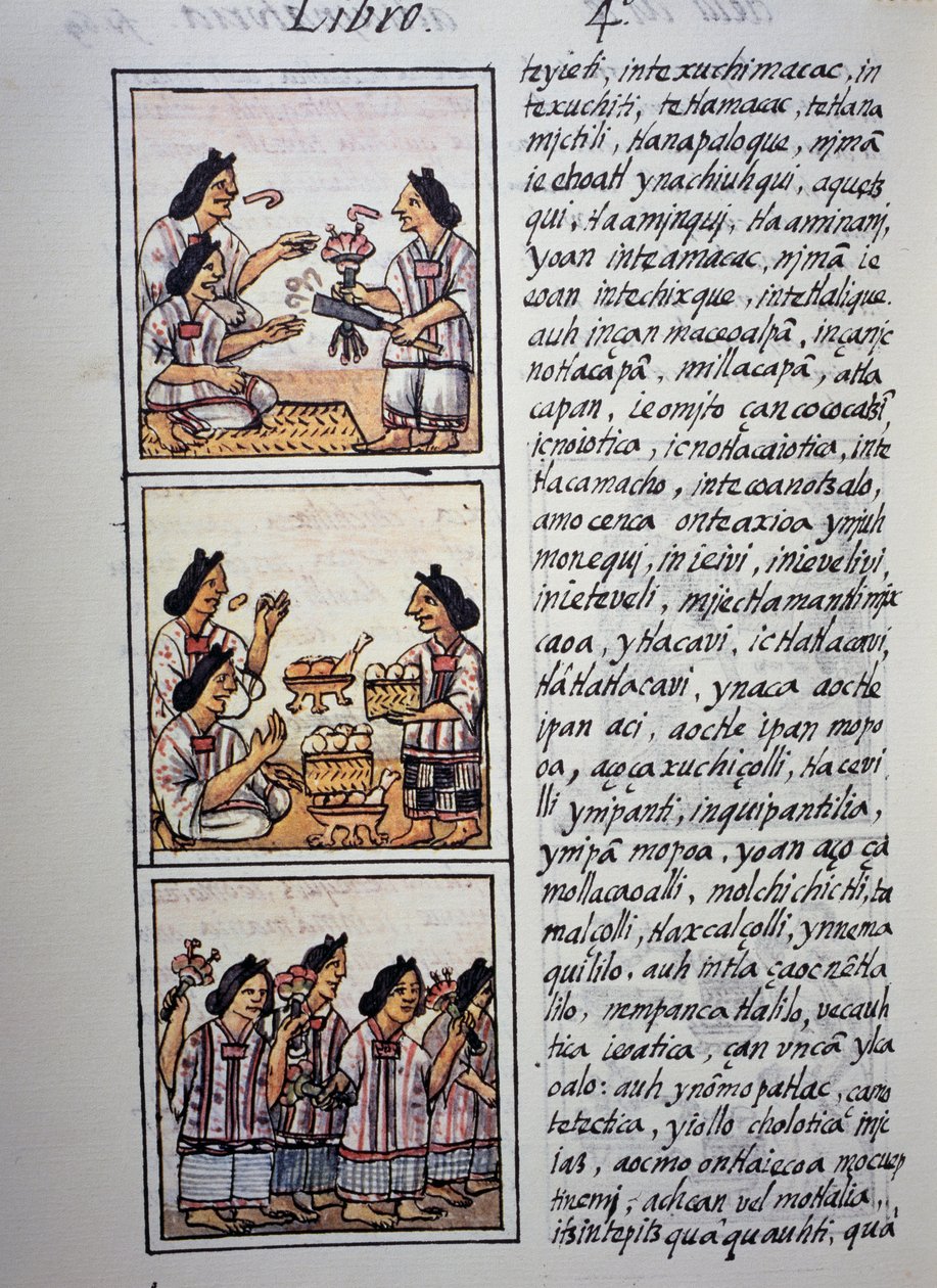 Kvinder forbereder fest, Bog IV i Florentine Codex, tosproget udgave på spansk og nahuatl, General History of the Things of New Spain (Historia general de las cosas de Nueva Espana), Aztec civilisationen af William M. Timlin