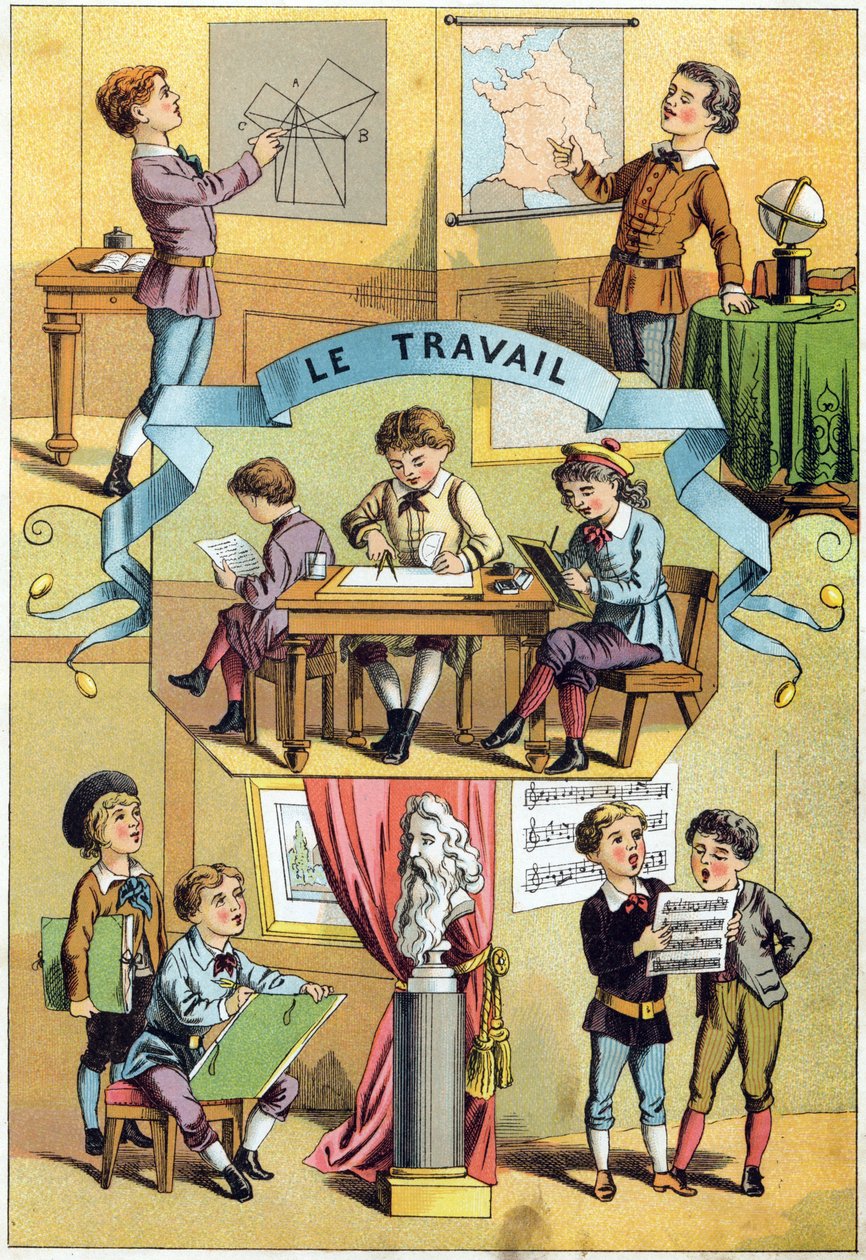 Arbejd i klasseværelset. Indgravering i "Alphabet des petits ecoliers". Billeddannelse af Epinal, ca. 1885. Privee Collection af Unbekannt