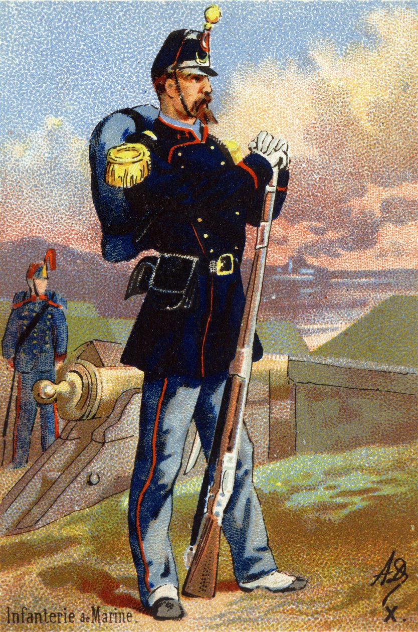 X: Søværnets infanteri. Indgravering i "Militæralfabet". Illustratorens initialer: A. D. Ukendt forlag. Kromolitografier sidst i det 19. århundrede. Mål: 10,5 x 7 cm. af Unbekannt