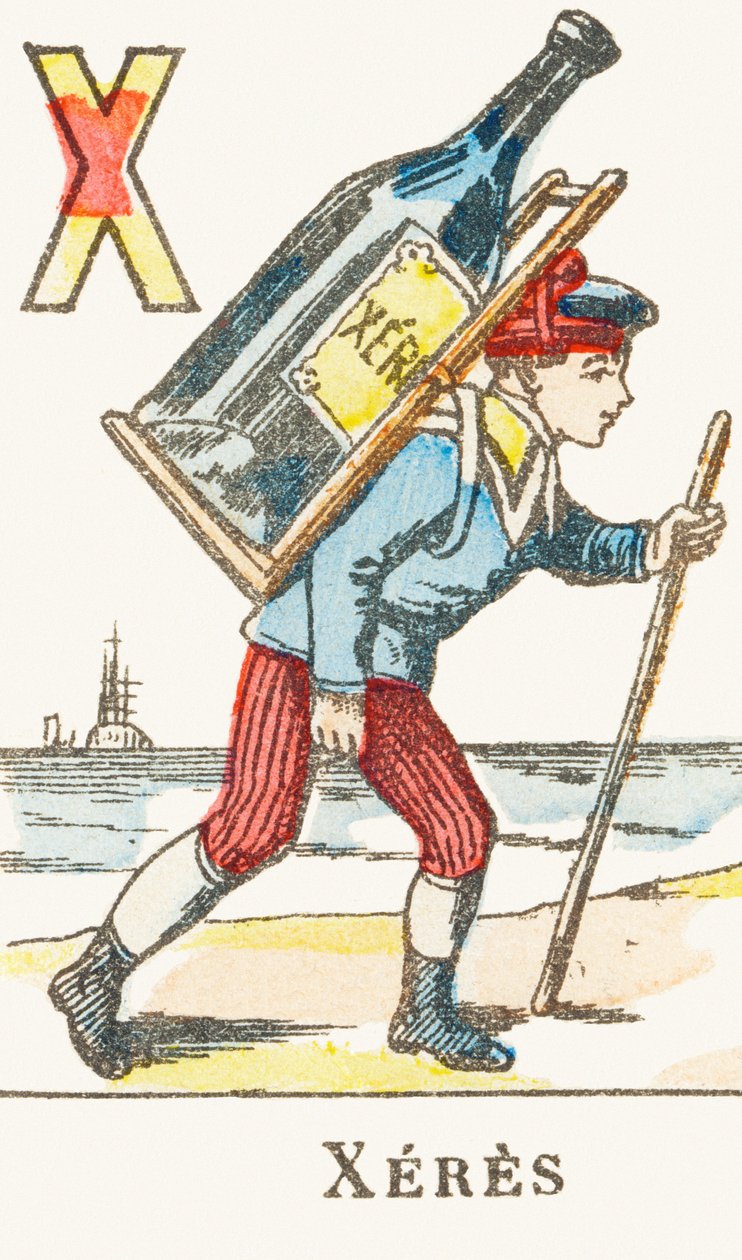 X: Xeres, en dreng holder en stor flaske vin på ryggen - Games Alphabet, ca. 1890 (gravering) af Unbekannt