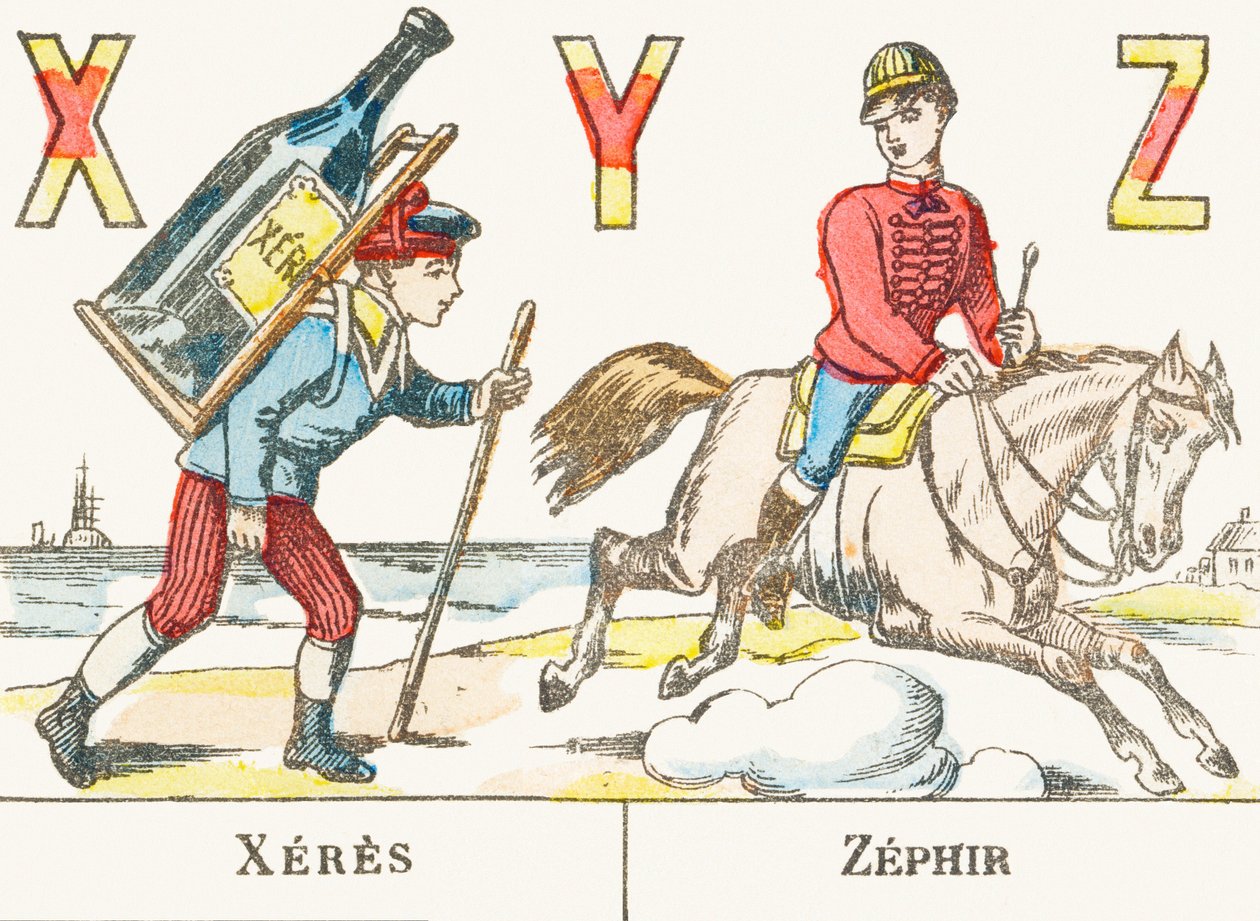 X Y Z : Xeres, Zephir - en dreng holder en stor flaske vin på ryggen, og en rytter galopperer på sin hest ved navn Zephyr - Games Alphabet, ca. 1890 (gravering) af Unbekannt