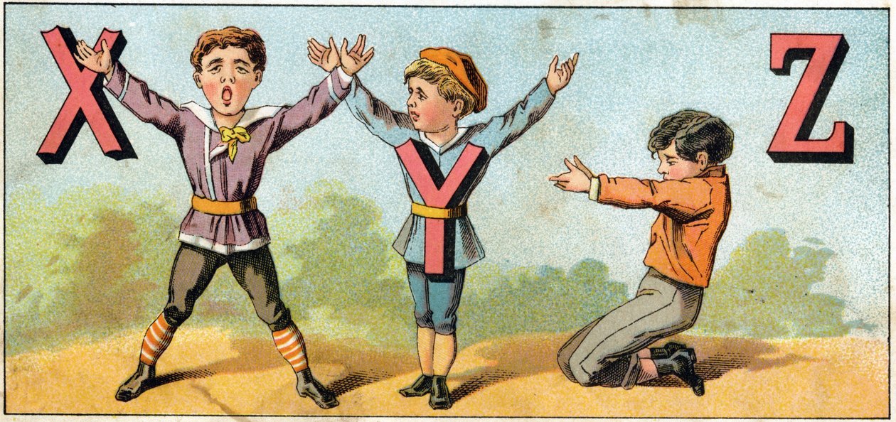 X Y og Z bogstaver efterlignet af kropsposition. Indgravering i "Alphabet des petits ecoliers". Billeddannelse af Epinal, ca. 1885. Privee Collection af Unbekannt